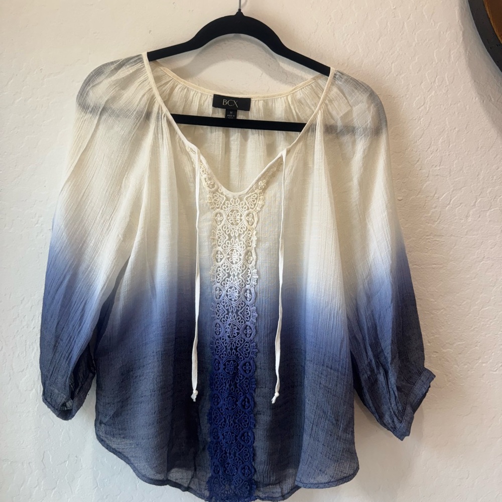 BCX Cream and Blue Tie Front 3/4 Sleeve Blouse